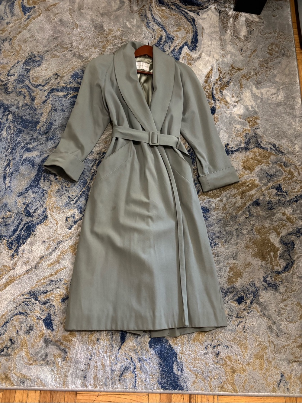 Jones New York Sage Green Belted Shawl-Collar Midi Dress Coat